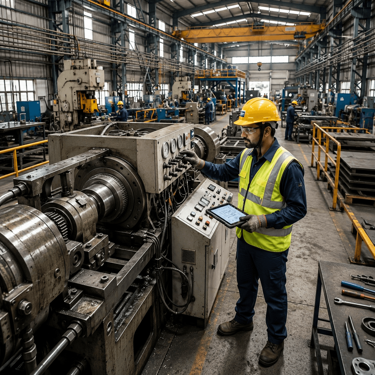 Engineer in high visibility vest and hard hat inspecting large machinery in factory setting